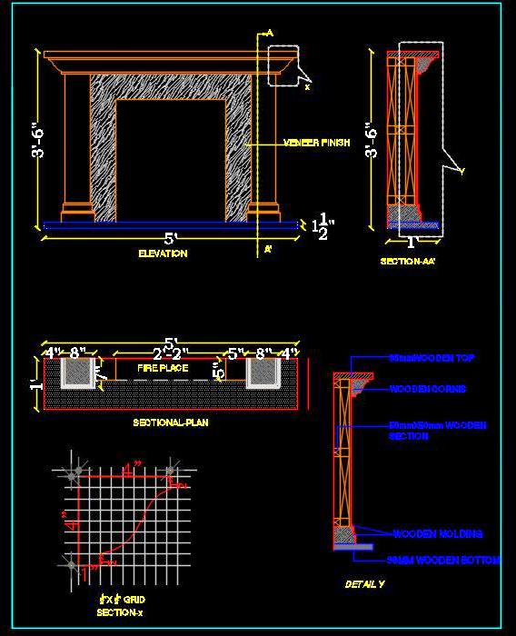 Wooden Fireplace CAD Drawing with Elevation and Sections